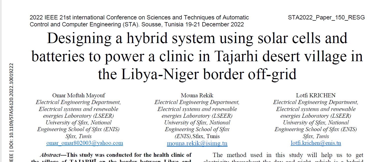 Designing a hybrid system using solar cells and batteries to power a clinic in Tajarhi des